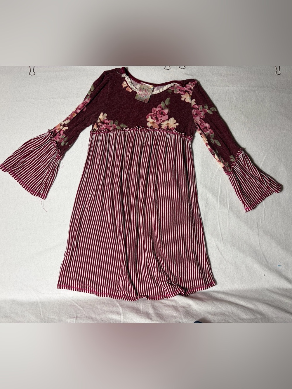 Girls Burgundy Floral & Striped Bell-Sleeve Dress